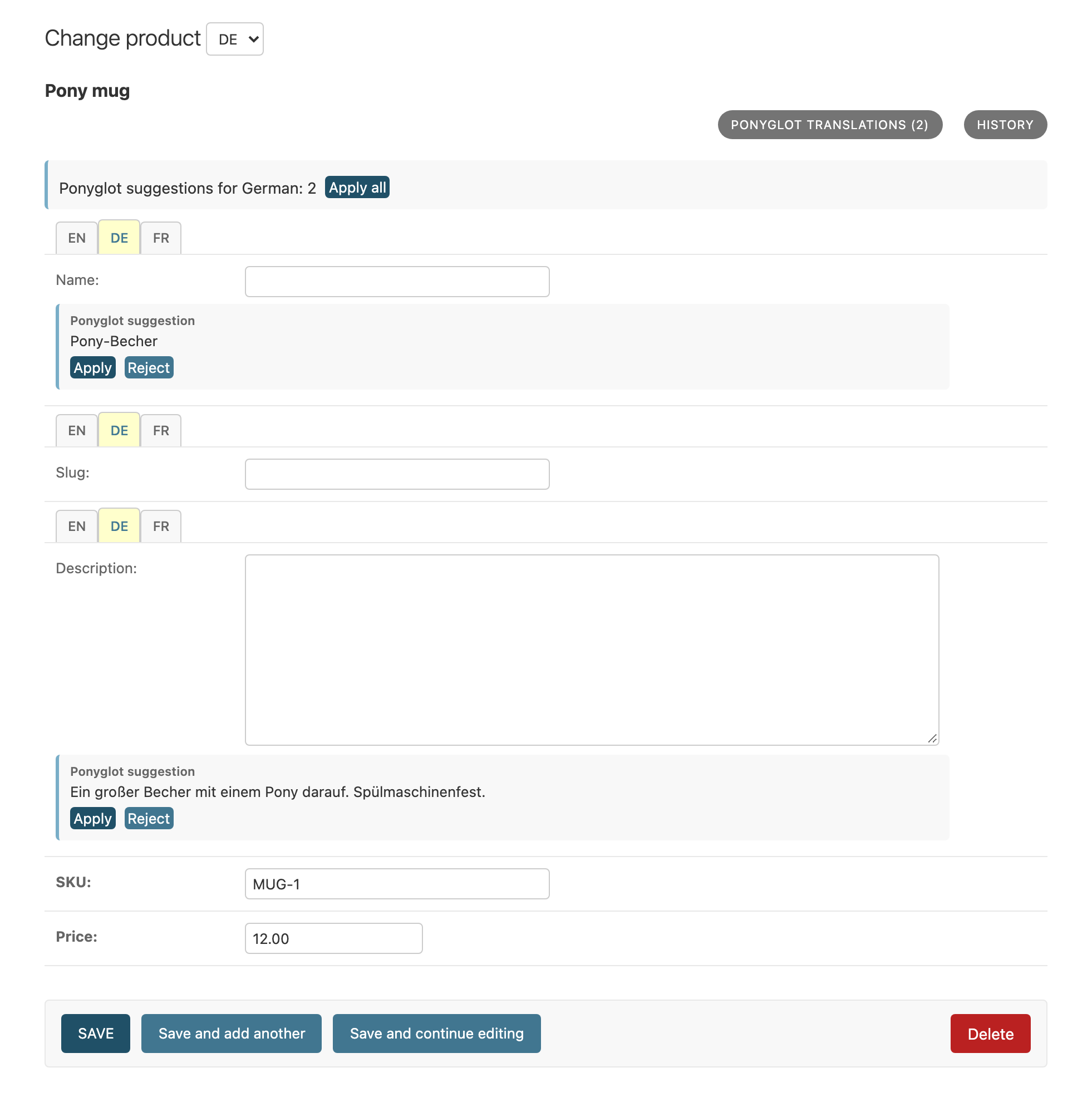 A product's change form on the German tab: below the empty Name and Description fields, a Ponyglot suggestion with Apply and Reject buttons; above, "Ponyglot suggestions for German: 2" with Apply all.