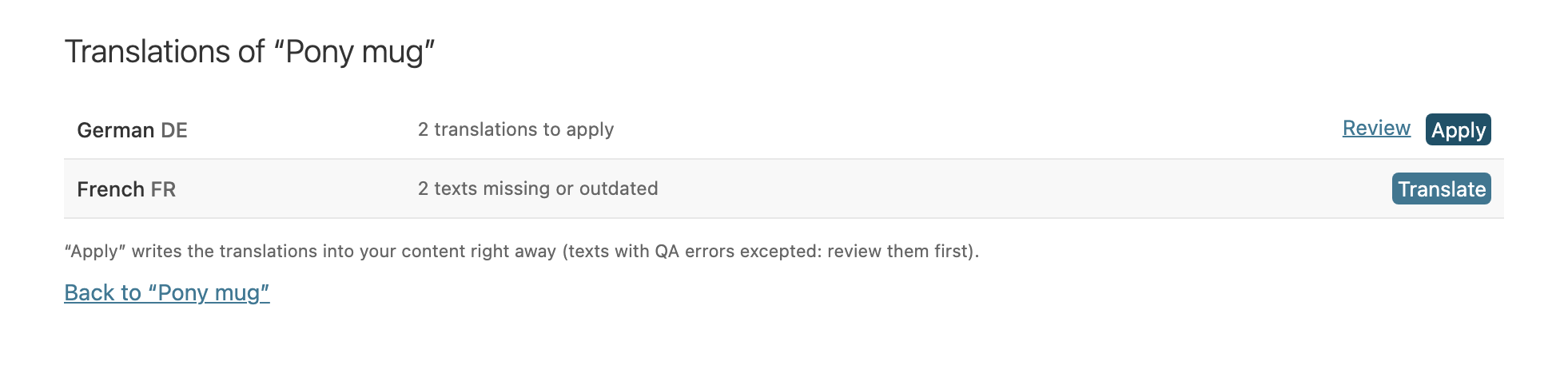 The dialog for "Pony mug": German has 2 translations to apply (Review, Apply) and French has texts missing (Translate).