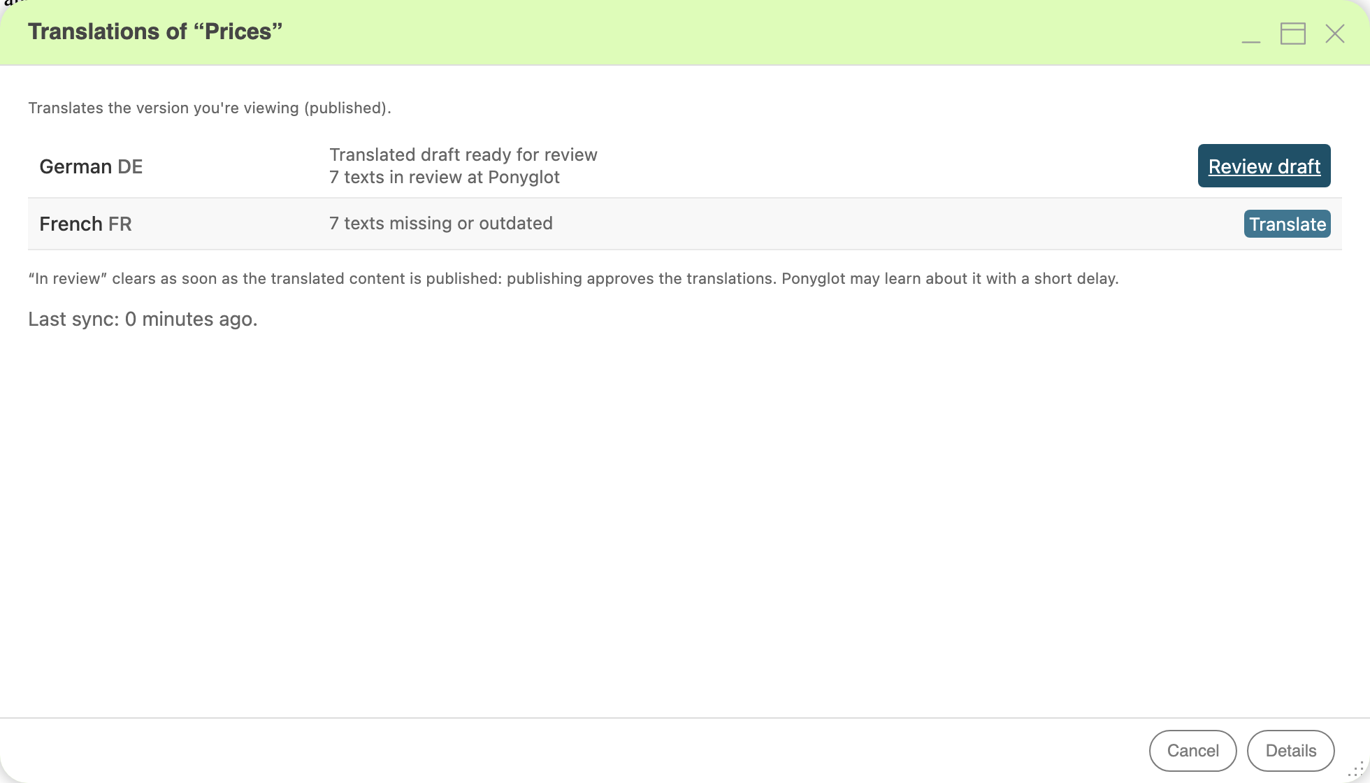 The Ponyglot translations dialog in the django CMS modal: German has a translated draft ready for review, French has texts missing with a Translate button.