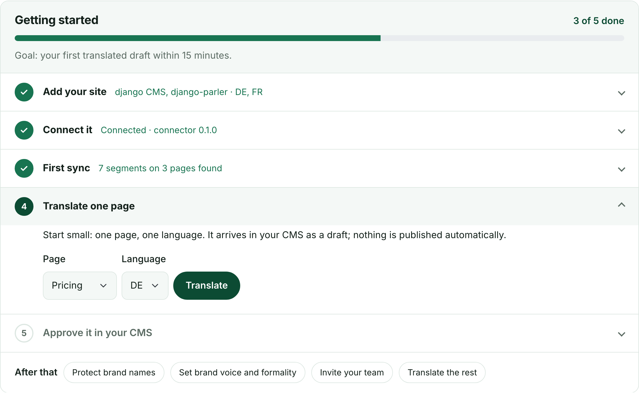 The stepper with three steps done and "Translate one page" open, with Page and Language selects and a Translate button.